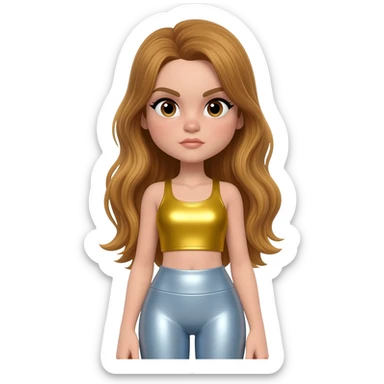 GloomyKassie with long golden brown hair, yellow metallic crop top, light blue metallic leggings sticker