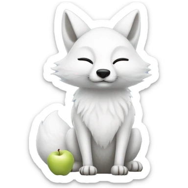 a full-body white fox with its eyes closed holding a white apple in its mouth sticker