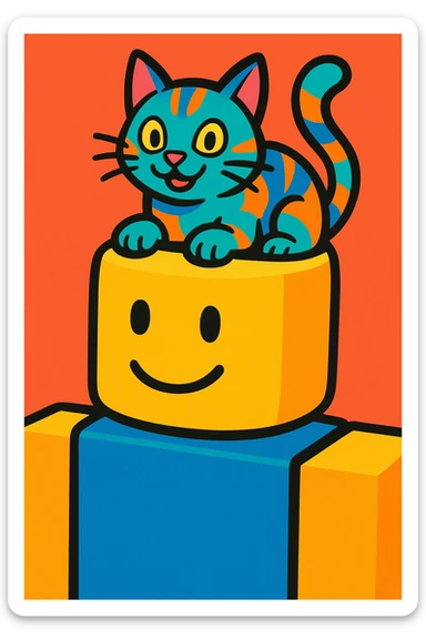 a vibrant colored illustration of a cat peeking out from the top of a Roblox noob's head sticker