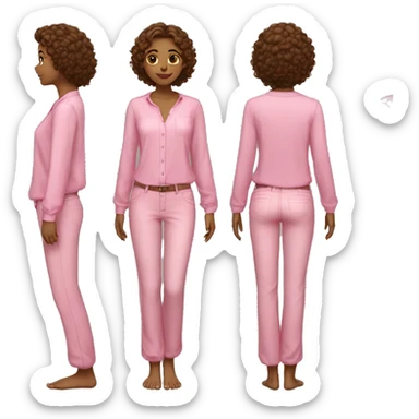 girl with straight curly hair with long sleeve pants with bare feet with flip flop with short sleeve blouse black pants pink blouse showing and pretty face sticker