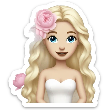 White bride with long light blonde hair and blue eyes with light pink peonies in hair white skin  sticker