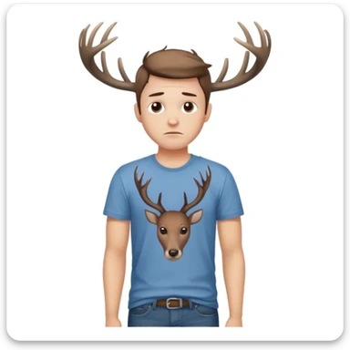 A casual guy with deer antlers, wearing a t-shirt and jeans, with a sad or thoughtful facial expression, neutral background, no snow sticker