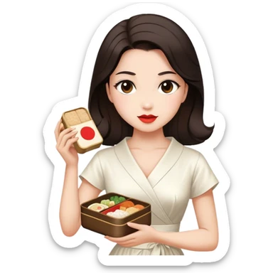 Beautiful woman in 1950’s woman fashion look, white dress, long dark brown hair, Japanese bento sticker