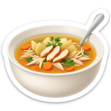 Mexican chicken broth (consomé de pollo): warm golden soup with shredded chicken, carrot, potato, and cilantro in a simple bowl sticker