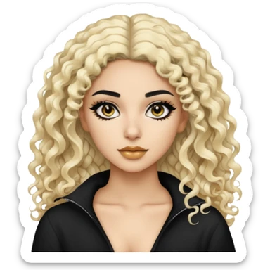 Pale Saudi latina beauty, pretty baddie, black eyeliner, split dye leftside blonde rightside black curly hair sticker