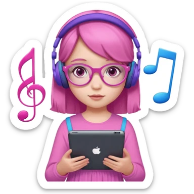 Little girl with purple headphones when pink eyes and pink iPad and pink dreamy background and rose colored glasses and blue music notes around her and pink dress sticker