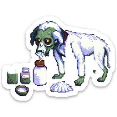 A zombie Leo  sniffing white powder with a background lab in the style of a pixel art sticker