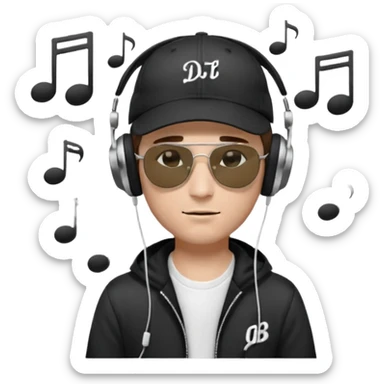 dj man white with baseball cap - rayban Sun Glasses 80s - brown hair - closed eyes with headphones on with musical note over head (listening to music ) - eyes closed no glasses - black hat  musical notes floating around head - DJ DLG written on hat sticker