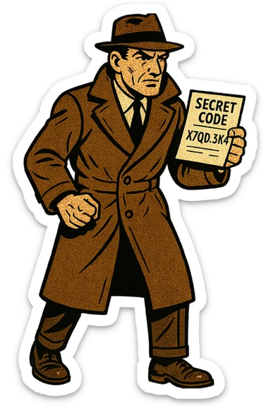 A full body of a secret US spy from the 1950s wearing a brown overcoat and holding a piece of paper with a secret code written on it sticker