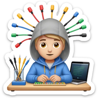 An emoji of an engineer working on a complex breadboard with many colorful wires and components. A Wi-Fi signal icon pulses above their head. They wear a hoodie and have a focused expression. Simple, cute, icon style. sticker