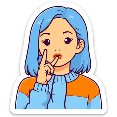 girl wearing pastel blue clothes with finger on lips making a quiet shh gesture sticker