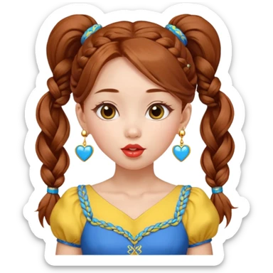 A cute ukrainian girl, looks slightly mongolian with full lips, with long auburn hair two side ponytails plaited, has heart earrings in the ukrainian yellow and blue, and is wearing her little black dress, she is blowing a kiss. sticker