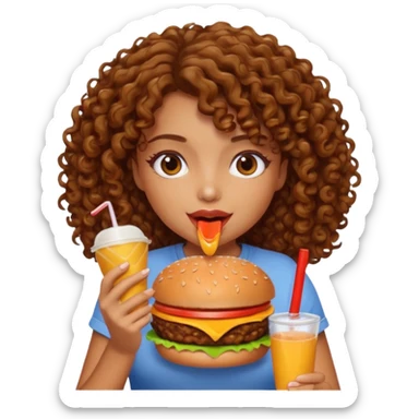 tan girl with curly brown hair drinking eating a burger sticker