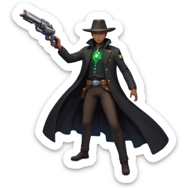 A mysterious alien gunslinger standing on a floating rock in space, cosmic nebula behind him, glowing energy revolver, long flowing coat in zero gravity, epic lighting, ultra detailed space western art
 sticker