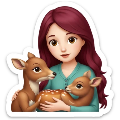 Beautiful burgundy long haired girl feeding baby deer sticker