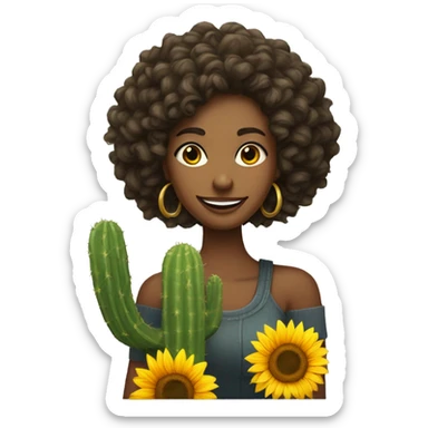 thin woman with slanted eyes hair on her shoulder curly tall slim woman smiling with a cactus and a sunflower on her side sticker