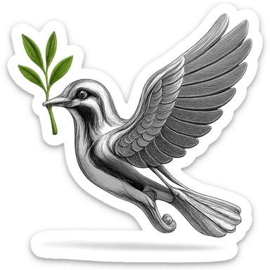 Make the branch in the pigeon's beak green while keeping the rest of the image in chrome style, no background. sticker