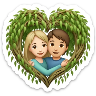 heart-shaped weeping willow tree with two people hugging inside the heart shape, with a small heart above them sticker