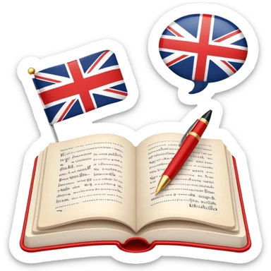 An icon featuring an open book with English words and phrases, a speech bubble with 'hello', and a British flag. The design includes a pen, alphabet letters, and grammar symbols, symbolizing the study and mastery of the English language. Transparent background. sticker