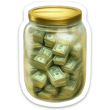 A clear jar with a metallic lid filled with stacks of cash and gold  sticker