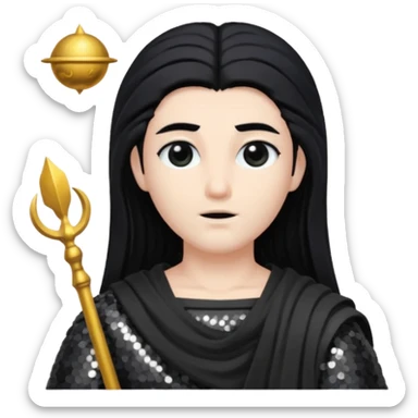 Saturn Time God with long black hair, dark grey sequin toga sticker