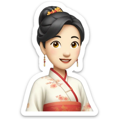 Chinese middle aged lady wear Chinese traditional dresses with a sign of agreeable gesture sticker