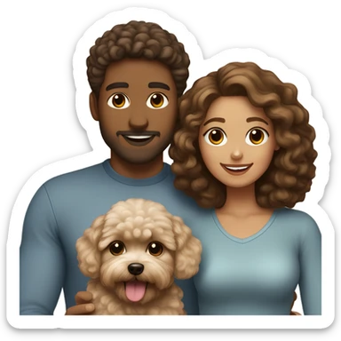 Family of a brown haired man with a curly brown hair girlfriend with a Maltipoo dog creamy colour  sticker