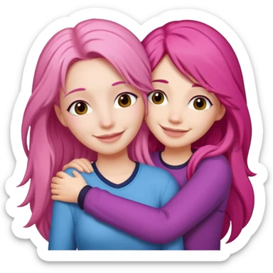 Surprisingly goofy once they open up. Strong, loyal, and incredibly supportive — but still hates wasting time. woman long pink hair hugging another woman with dark hair sticker