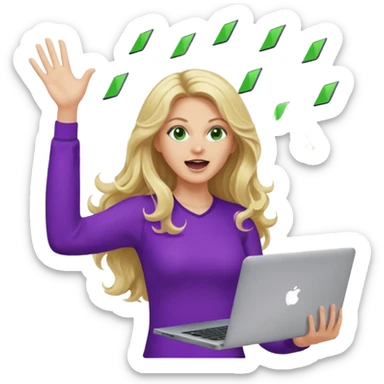 lady with long blonde wavy hair, purple top, green eyes throwing her with a laptop hands in the air screaming sticker