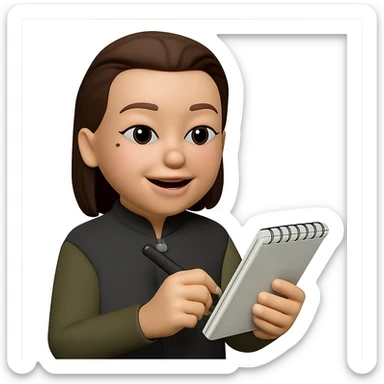 Edit the image to depict the woman conducting user interviews. Add a notepad and pen in her hands. Keep the same style as the original image. Make the background transparent. sticker