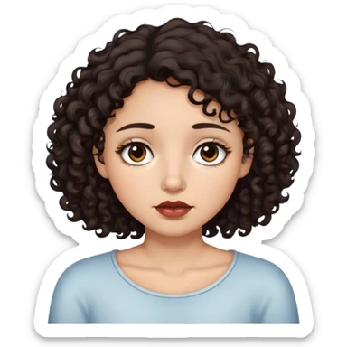 a girl with dark brown curly hair that is almost black and extends to her neck, dark brown eyes that are almost black, thin lips, sleepy eyes. sticker