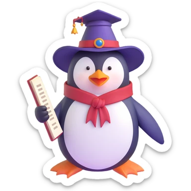 a penguin wizard wearing a pointed hat and holding a spellbook, 3D emoji style sticker