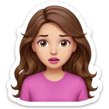 girl with long wavy brown hair, brown eyes, light to medium complexion, in a pink shirt, pink lips, long lashes, surprised sticker