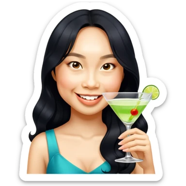 Asian girl long wavy hair holding martini sticker