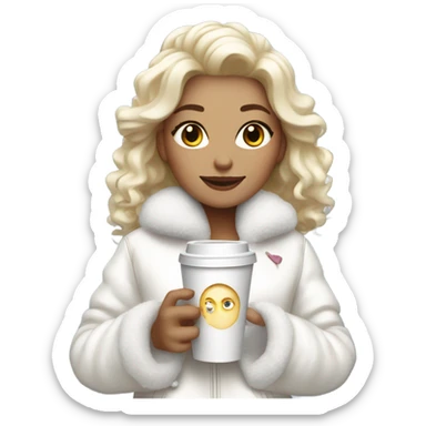 blonde girl wearing white fluffy jacket and a coffee to go in hand all dress white and a white bow on hair sticker