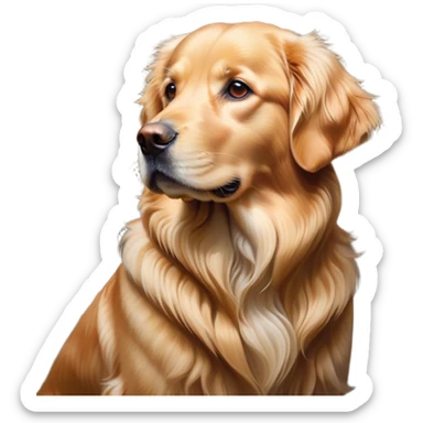Cinematic Noble Golden Retriever Portrait Emoji, Poised and regal, with a strong, athletic build and a lustrous, well-groomed golden coat, deep-set soulful brown eyes, Simplified yet sharp and sophisticated features, highly detailed, glowing with a soft, dignified glow, high shine, intelligent and friendly, stylized with an air of warmth, focused and attentive, soft glowing outline, capturing the essence of a watchful and confident companion, so majestic it feels as though it could bound out of the screen with effortless authority! sticker
