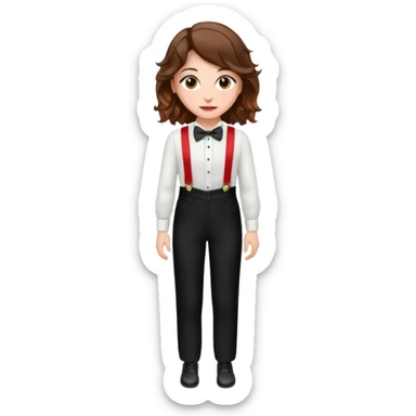 Woman with wavy brown hair and hazel eyes wearing black tuxedo pants with red suspenders sticker