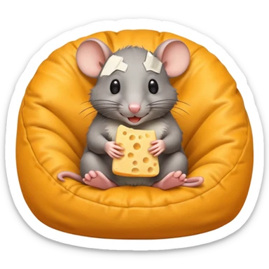 rat sitting in bean bag chair while eating cheese sticker
