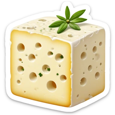 Cinematic Realistic Feta Cheese Dish Emoji, depicted as a block of crumbly, tangy cheese garnished with olive oil and herbs rendered with lifelike detail and soft natural lighting. sticker