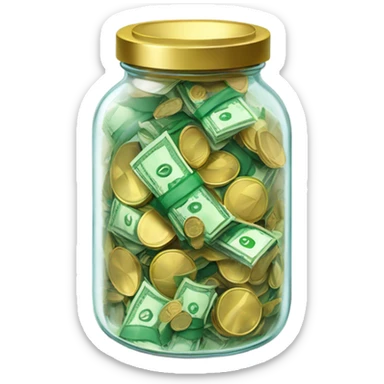  A transparent jar filled with green banknotes and gold coins, floating against a dark background. The jar has a lid, with the contents clearly visible inside. emoji style  sticker