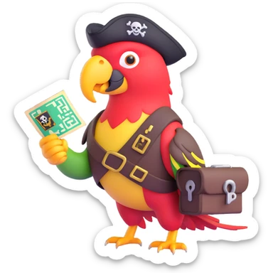parrot with a pirate patch holding a treasure map with a QR code sticker
