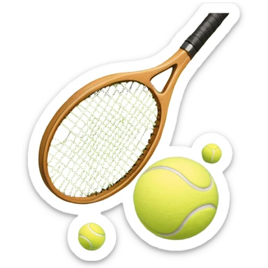 A tennis racket and ball positioned on a grass court, with the net and lines clearly visible in the background. The scene emphasizes the classic elements of the sport, capturing the energy and precision of a tennis match. sticker