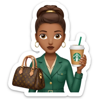 A girl with brown skin and a slick back hair and a luois vittion purse and Starbucks in hand sticker