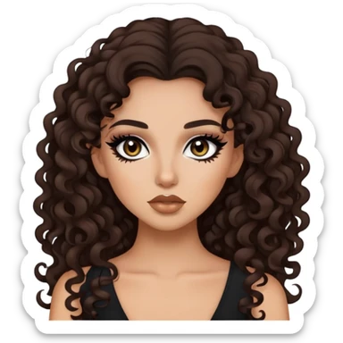 brunette, baddie, pretty makeup, black eyeliner, long and curly hair sticker