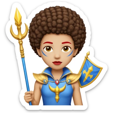 Emoji metisse femboy mais plus masculin avec drapeau ukrainien arriere plan, un afro, sourcils rouge, fourche trident, et eclairs et sur fond bleu clair irrisé. Peau lightskin, yeux marron et cheveux marron bouclés mais en mode afro pixi cut sticker