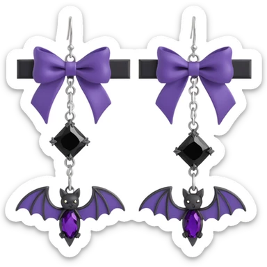 gothic earrings with deep purple satin bows, silver bat charms, black gemstone accents, luxurious and gothic, matching the choker sticker