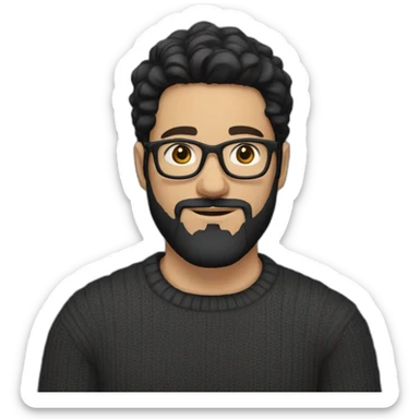 A young white man with black hair styled to the side, a beard and wearing dark grey glasses and a black sweater sticker