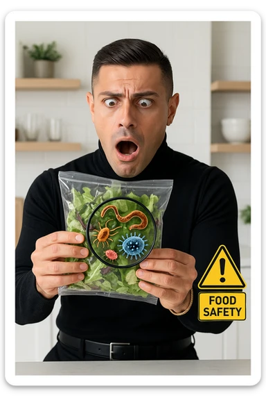 a man holds a bag of salad with both hands, his face frozen in shock as he looks at the contents. Inside the bag, exaggerated but realistic depictions of parasites and bacteria are visible, some highlighted with a magnifying glass overlay. The background is a clean kitchen, and a warning sign appears in the corner to reinforce the message about food safety. sticker