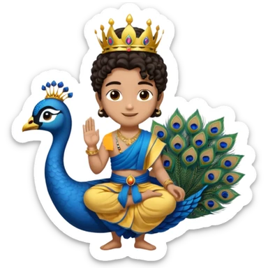 Create a Jesus, Krishna, and Buddha standing together. Krishna: bright blue skin, black curly hair tied in a small topknot, a tiny golden crown decorated with a peacock feather, wearing a yellow dhoti and light golden jewelry

 sticker