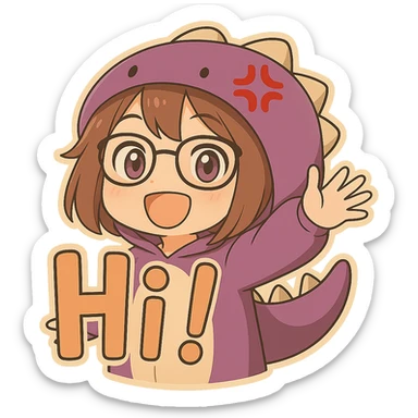 Add the text 'Hi!' in large font in front of the chibi anime style gamer girl waving, keeping the same chibi stickers style, with no background. sticker